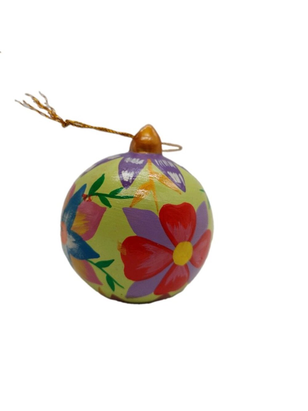 Hand Painted Clay Terra Cotta Ornament Ball Peru Floral 2" Yellow Floral